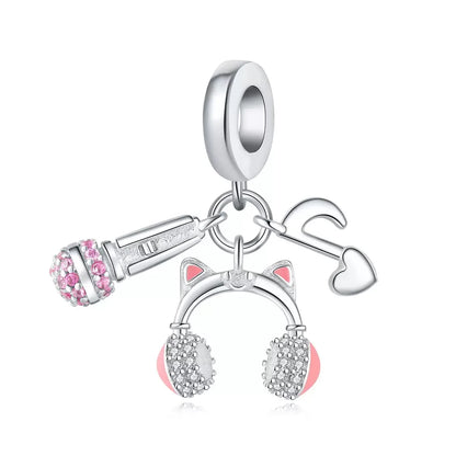 Guitar Microphone Music 925 Sterling Silver Charm Pendant Suitable Fit Original Bracelet Necklace keychain Jewelry Accessories