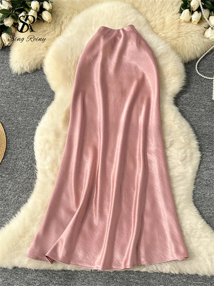 SINGREINY Senior Solid Satin Skirt Elastic Waist 2025 Newest Frence Elegant Women Fashion Basics Office Lady Skinny Midi Skirt