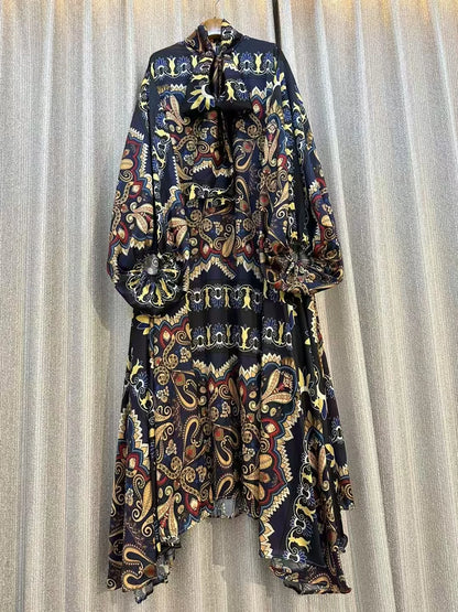 Retro Designe New Women's Fashion Elegant Autumn Long Sleeve Casual Loose Print Dress Female High Waist Chic Party Maxi Dress ﻿