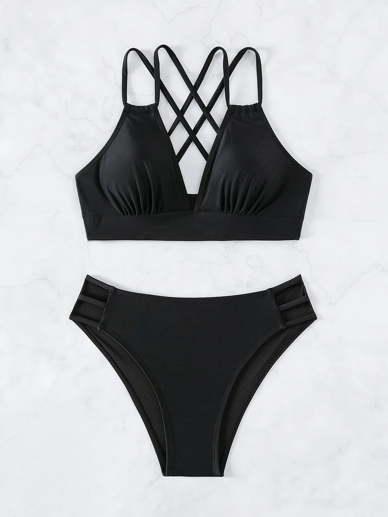 Solid Color Black Two Piece Swimsuit for Women Summer New High Waist Bikini Set Beach Vacation V-neck Backless Swimwear 2024
