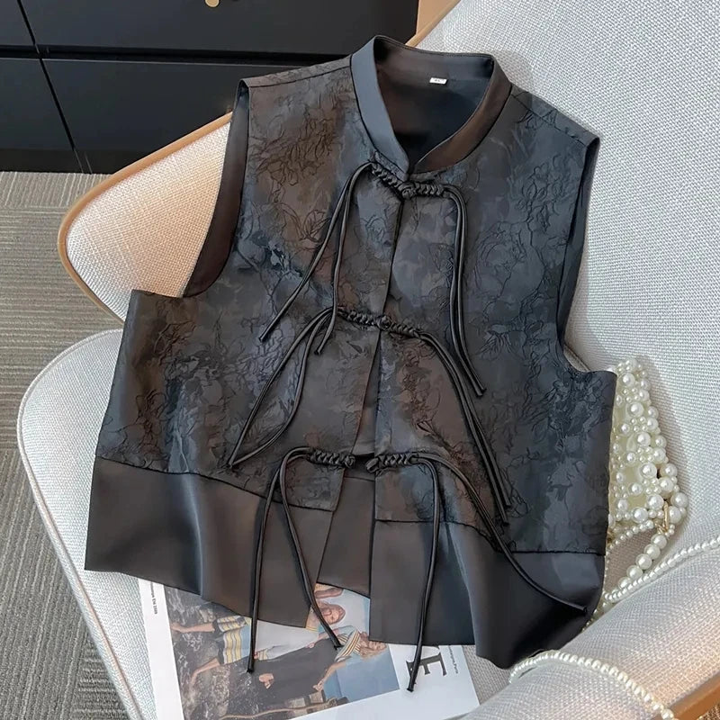 New Chinese Style Black Women Loose Fit Vest Coat Spring Autumn Female Jacquard Camisole 2024 Ladies Cardigan Waistcoat  Jacket