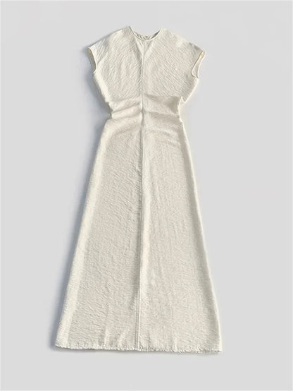 Women's Minimalist Mid-Calf Dress Round Neck Summer Ladies Zipper Draping Pleated Elegant Robe