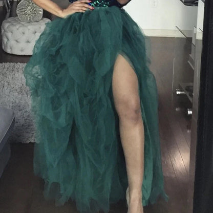Women's Tulle Maxi Skirt Floor Length Layered High Waist Split Skirt A-Line Puffy Mesh Tutu Skirt for Elegant Lady Wedding Party
