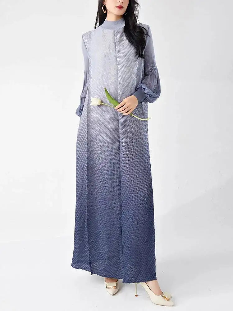 LANMREM Niche Gradient Colorblock Design Pleasted Women's Dress 2025 New Loose Chic Long Sleeve Temperament Long Dresses 2DB3396