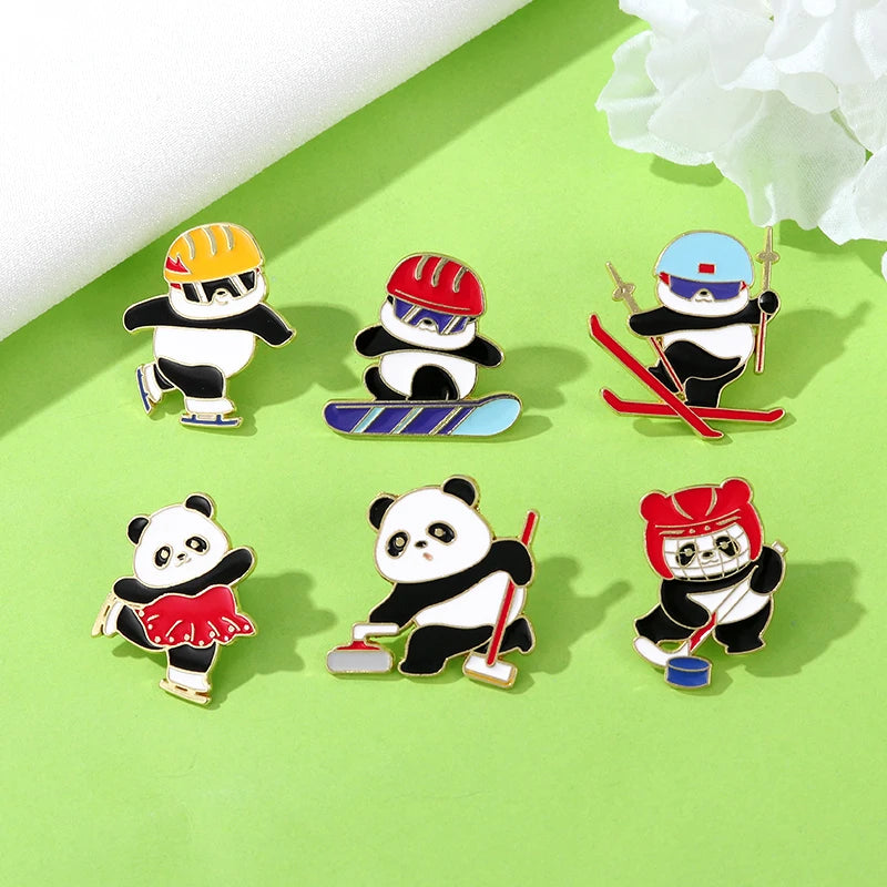 6 Styles Funny Winter Sports Panda Design Enamel Brooches Cartoon Animal Playing Skiing Fancy Speed Skating Curling Golden Pins