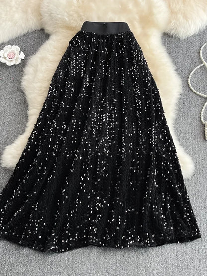 Spring Autumn Korean Sle High Waist Slimming Midi Length Knee-Over A-Line Skirt Faionable Elastic Waist iny Sequins Ful...