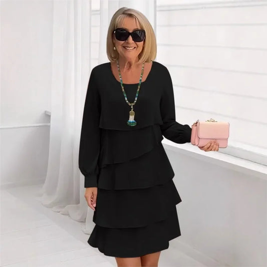 Autumn Women's Cake Chiffon Dress New Casual Elegant O-Neck Party Irregular Layered Long Sleeve Fashion Mini Dresses For Women