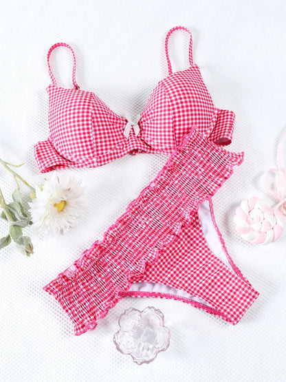 Bowknot Ruffle Bikinis Thongs Plaid Women's Swimsuit 2025 Red Lattice Swimwear Bathing Suits Biquini Summer Beachwear Swimsuit