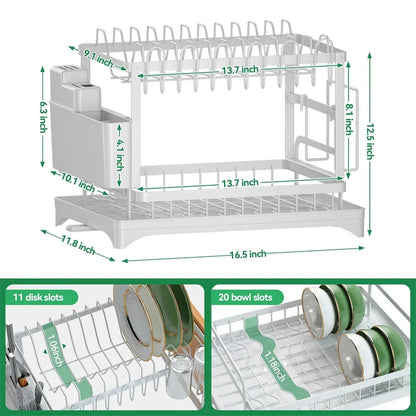 2-Tier Dishs Drying Rack - Rustproof Multifunctional Dish Racks with Drainboard, Space-Saving Design, Utensil & Cup Holder