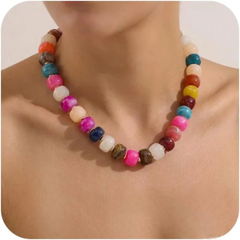 Resin Beads Necklace for Women Chunky Choker Necklaces Boho Colorful Acrylic Beaded Choker Necklace Chunky Statement Jewelry
