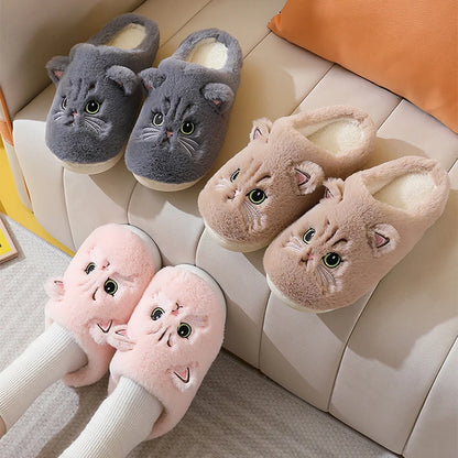 Winterwarme Hausschuhe für Damen, flauschig, mit Katzenmotiv, Cartoon-Fell, Plüsch, für drinnen, bequem, wärmend, flach, Flip-Flop