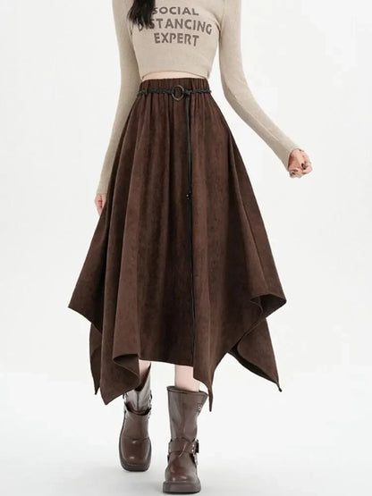 American Retro Irregular Deerskin Velvet Skirt for Women in Autumn New Ruffle Splicing Large Umbrella Skirt