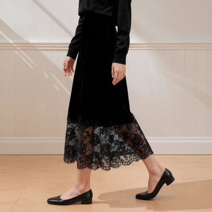Elegant Black Velvet Midi Skirt Women Autumn Winter High Waist Lace Patchwork Sheer Hem A-Line Long Skirts Vintage Gothic Party