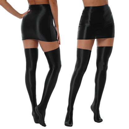 Women's Shiny Skirt Set Glossy Solid Color Lingerie Suit with Stockings Rave Bar Pole Dance Outfit Clubwear Performance Femme