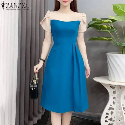 ZANZEA Elegant Women Waist Dress 2024 Summer Patchwork Round Neck Vestidos Fashion Petal Short Sleeves Dress Vintage Office Robe