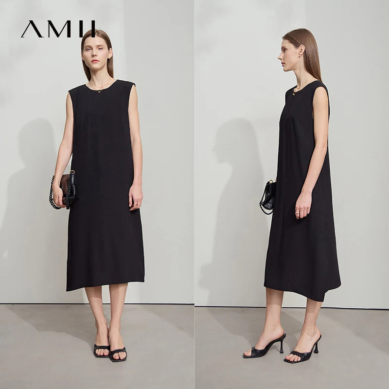AMII Minimalist Office Lady Dress Women Summer 2025 Sleeveless Solid Round Neck Loose Chiffon Dresses Female Fashion 12522075