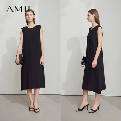 AMII Minimalist Office Lady Dress Women Summer 2025 Sleeveless Solid Round Neck Loose Chiffon Dresses Female Fashion 12522075