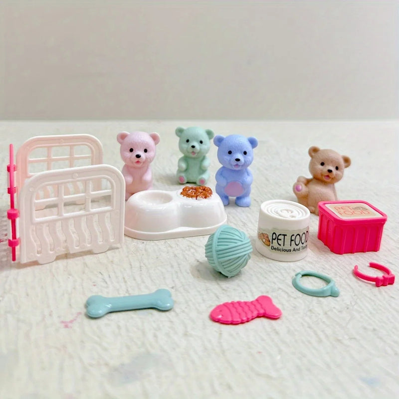 Children's Play House Toys with Teddy Bears Pet Bathrooms Scene Little Girls Family Pet Toys Gift for Kids