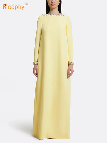 Modphy Loose Solid Crystal Bead Elegant Chic Dresses For Women Round Neck Long Sleeve Solid Long Maxi Dress Female
