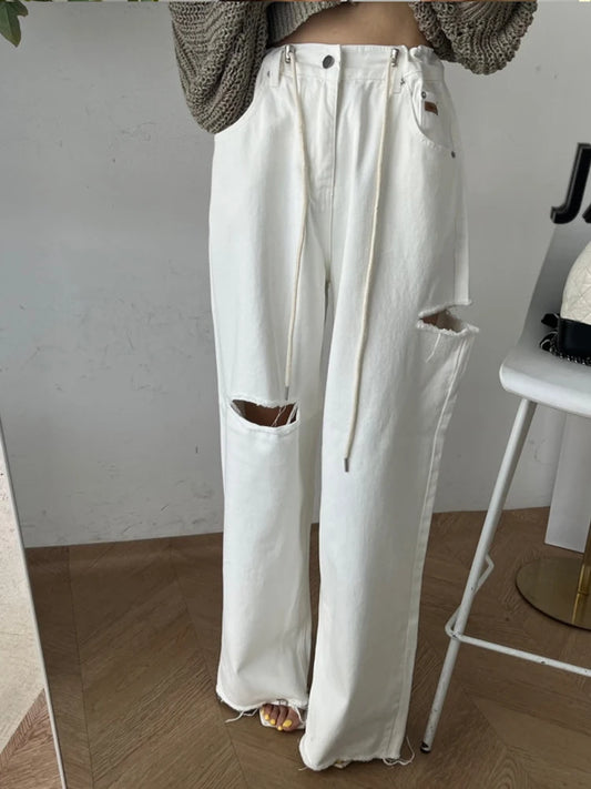 Loose Wide Leg Jeans Women's High Waist Straight Leg Long Pants Torn Design Versatile Casual Spring Faion Blue Denim