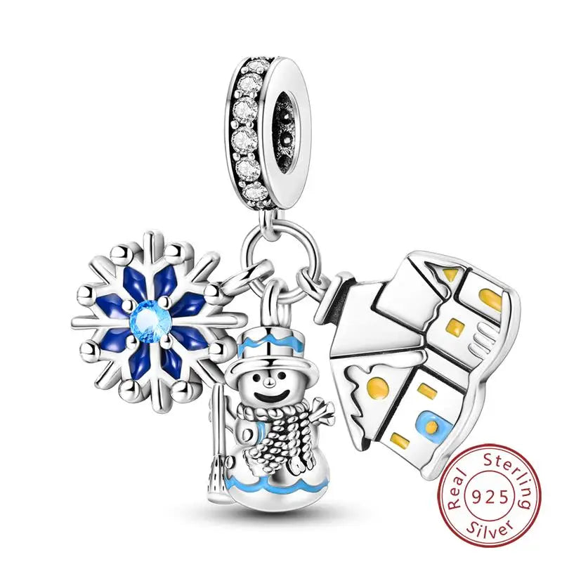 Original 925 Sterling Silver Charms Beads Winter Snowflake Snowman Igloo Penguin Pendant Fit Bracelet Women Jewelry Gift