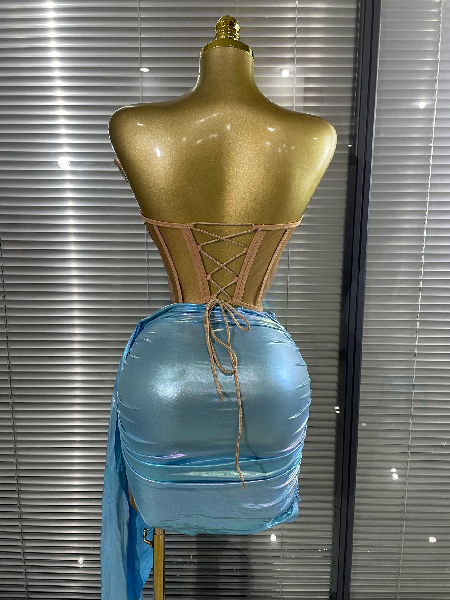 Blue Black Women Sexy Strapless Shinning Sequins 2 Pieces Bodycon Mini Dress Draped Celebrate Nightclub Party Bar Singer Wear