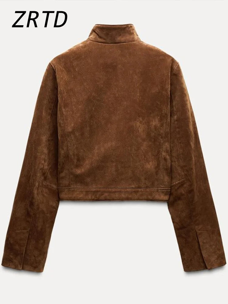 Street Women's Short Suede Jackets Stand Collar Zipper Full Sleeve Female Coats 2025 Autumn Lady Fashion Y2k Outwear New