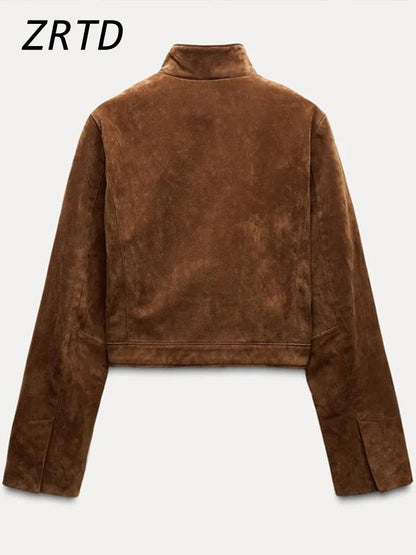 Street Women's Short Suede Jackets Stand Collar Zipper Full Sleeve Female Coats 2025 Autumn Lady Fashion Y2k Outwear New