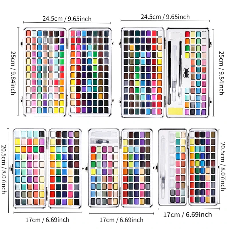 The 50/72/90/100/128/168 watercolor paint set includes a palette, brushes, drawing pens, professional painting supplies