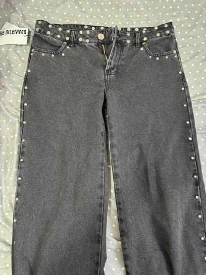 American ONE DILEMMA Jeans Y2K Womens Gothic Five Pointed Star Sequined Rivet Baggy Jeans Fashion Casual Mid Rise Slim Trousers