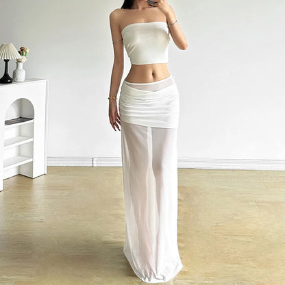 Sylcue Mesh Patchwork Long Skirts Women 2025 New Trend Ruched Elastic Waist Street Fashion Versatile Y2K Style Elegant Bottoms