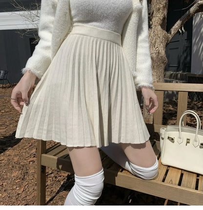 Women's Autumn Elegant A-Line Knitted Mini Skirt High Waist Pleated Skirt Femme Faldas Jupe Saia
