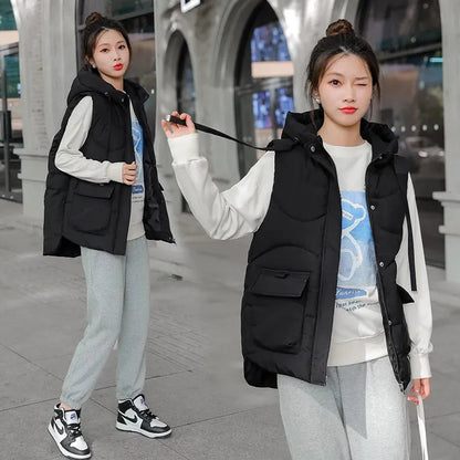 Women Hooded Vest autumn Winter new Fashion Padded Down Cotton Waistcoat thick Warm sleeveless jacket Female Loose Outwear T580