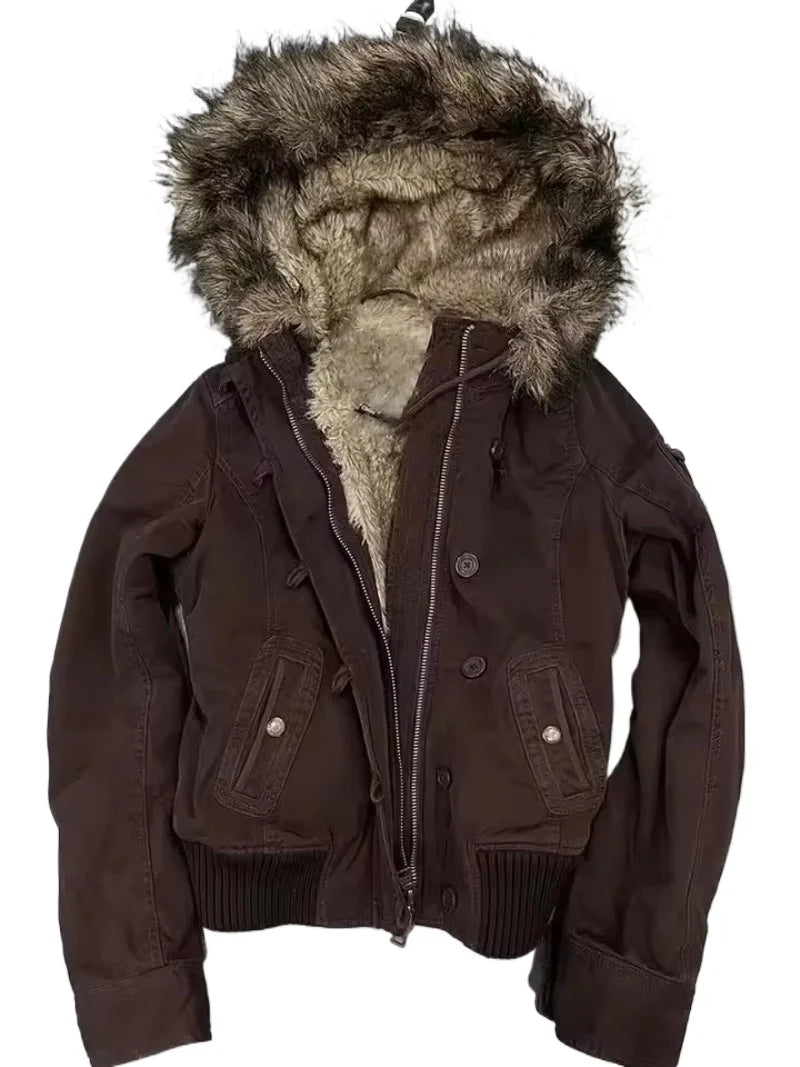 Vintage Popular New Fashion Fur Collar Jacket Female Street Hip Hop Casual Joker Loose Padded Velvet Cotton-padded Jacket Coats