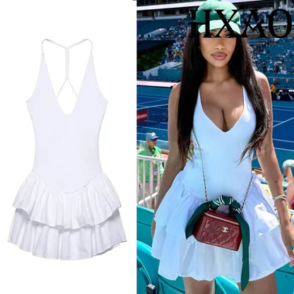 HXAO Off Shoulder Women's Dress Halter Solid Short Dresses 2025 Woman V Neck Layered Mini Dress Backless Party Dress For Women