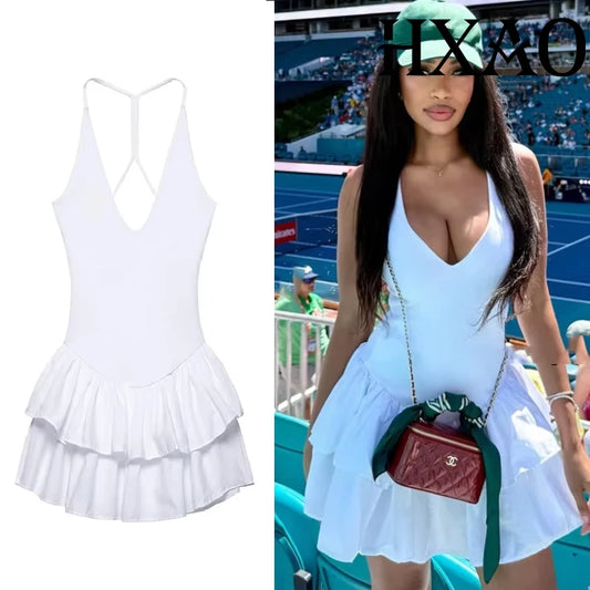 HXAO Off Shoulder Women's Dress Halter Solid Short Dresses 2025 Woman V Neck Layered Mini Dress Backless Party Dress For Women
