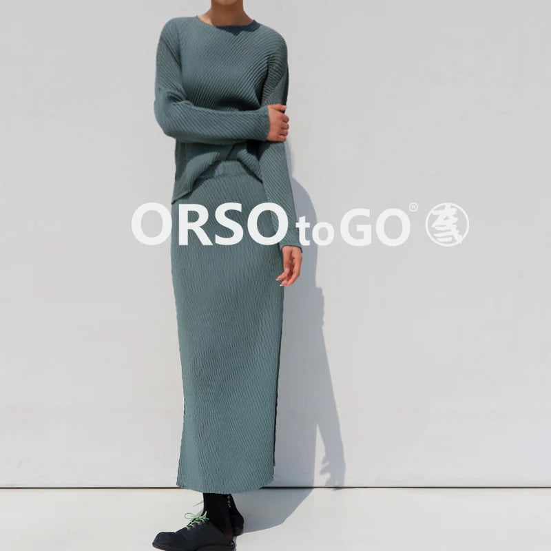 Miyake Pleated Fish Scale Folded Skirt Women Spring Summer Korean Fashion Causal Elegant High Waist Side Split Straight Skirt