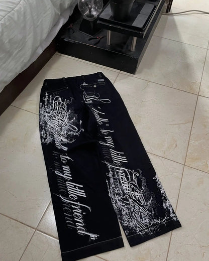 New Cyberpunk Jeans Mens American Y2K Red Graphic Street Goth Baggy Wide-Leg Pants Harajuku Hip-Hop Straight Pants