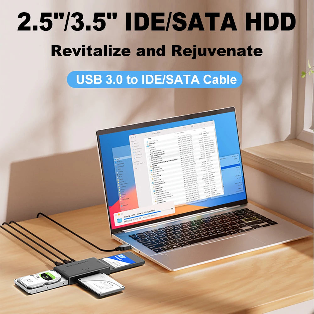 3-in-1 External Hard Drives Reader USB 3.0 to SATA/IDE Adapter for 2.5-inch and 3.5-inch HDD/SSD with 12V/2A Power Supply
