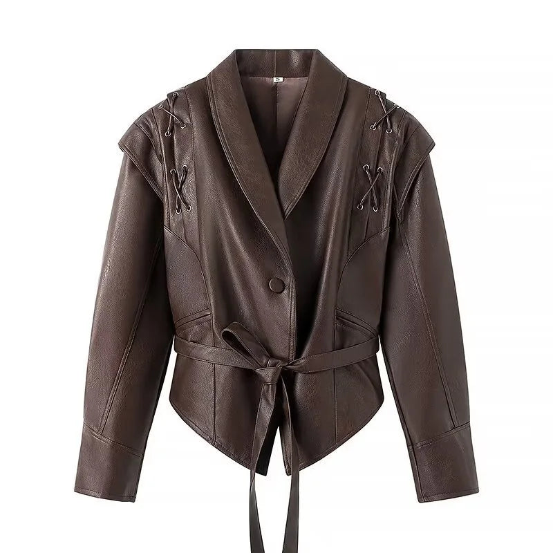 Street Solid Color Lace Up Leather Jacket Woman Waist Cinching Long Sleeves Lapel Coat Casual Versatile Women's New Chic Jackets