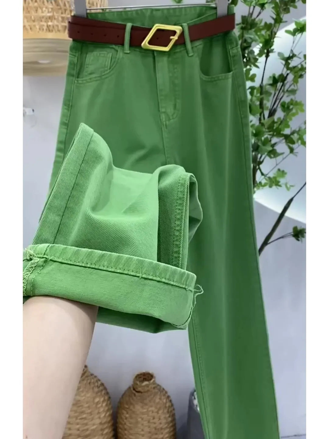 Casual High Waist Women Denim Long Pants Autumn Green Jeans for Women Fashion Loose Wide Leg Pants Female