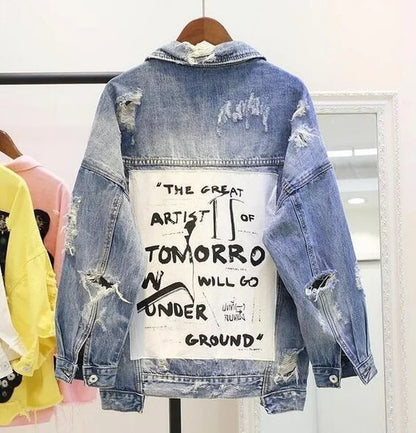 Women's Graffiti letter BF denim jacket coat loose   parkas