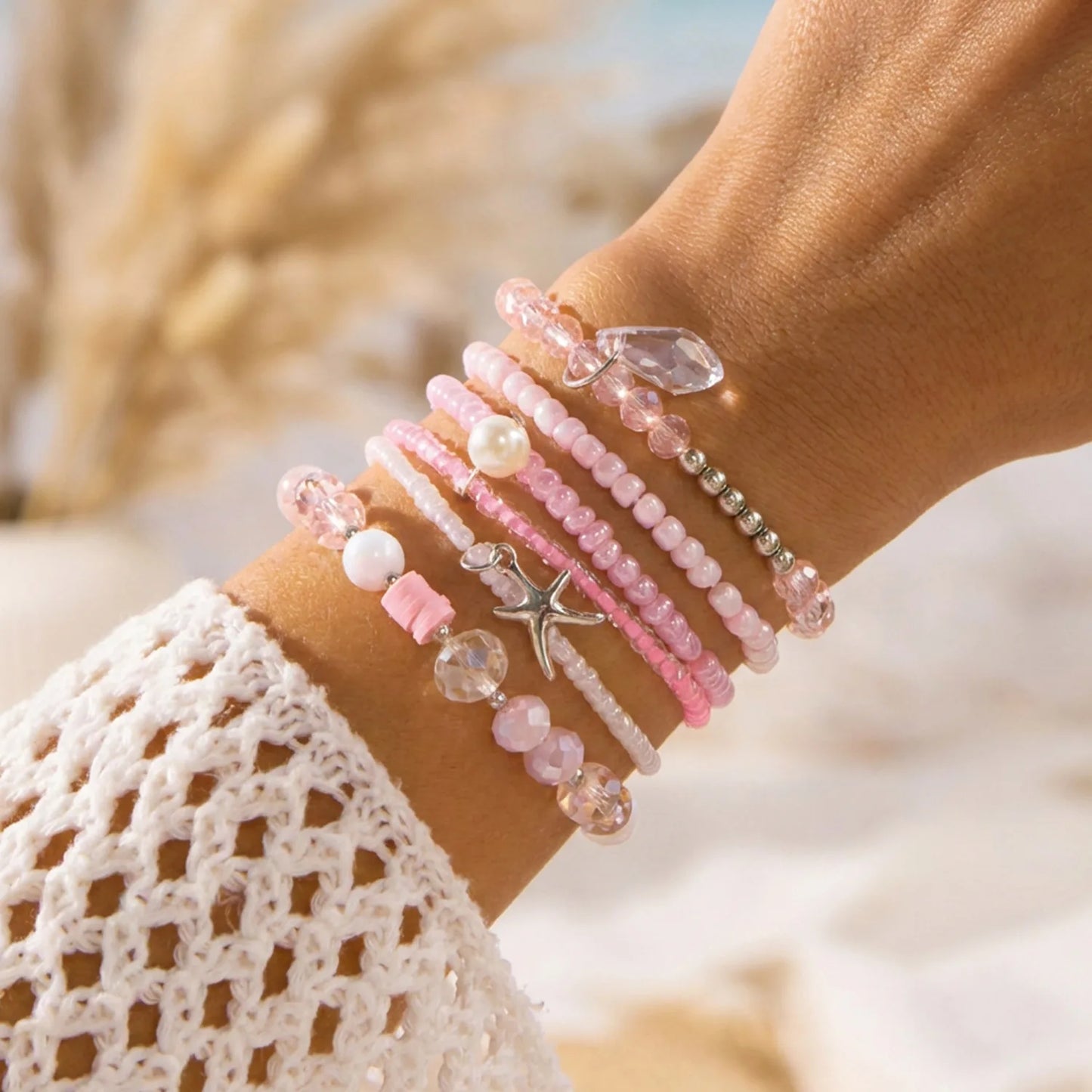 Cute Coral Starfish Shell Multi-Layer Bracelet for Women Ocean Series Fashion Stackable Beaded Jewelry Accessories