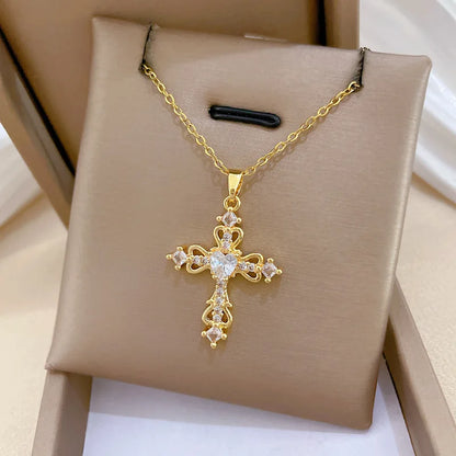 Sweet Cool Hollow Cross with Zircon Pendant Necklace for Women Girls Stainless Steel Chain Punk Cross Accessories Jewelry Gifts