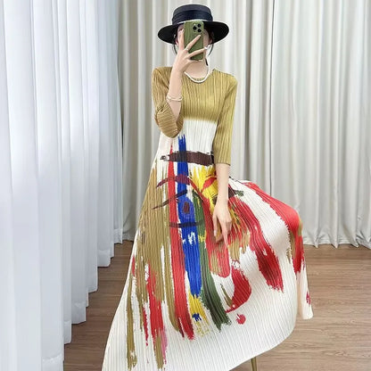 Beautiful Long Dresses Womens Dresses Miyake Summer Design Sense Round Neck Cropped Sleeve Pattern Printed Pleated Dress Female