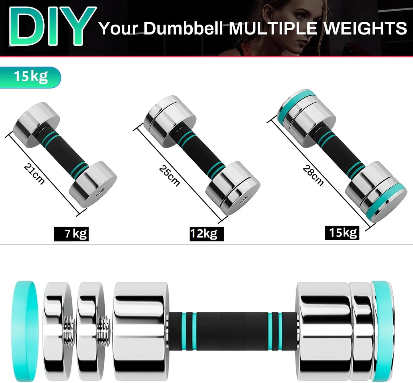 Adjustable Steel Dumbbells Barbell Dumbbell Set 2 Ultra-compact Dumbbells 5Kg / 10Kg / 15Kg for Home Gym Workout