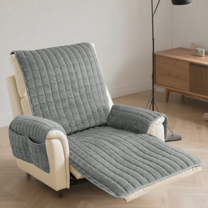 Quilted Recliner Sofa Cover Waterproof Armchairs Slipcovers Dogs Pets Kids Anti-Slip with Side Pockets Elastic Strap Protector