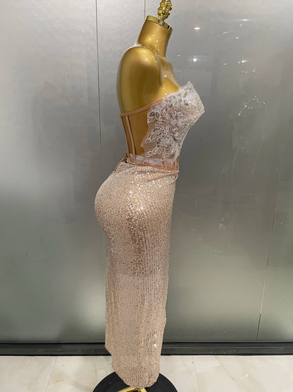 2025New Women Sparkle Rhinestone Sequins Two Pieces Evening Party Dress Celebrate Festival Dancer Bar Nightclub Ds Dj Stage Wear