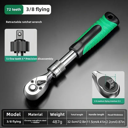 72-Tooth Ratchet Wrench Set, Chrome Vanadium Steel, Automatic Two-Way Mechanism, Stretchable, Ergonomic Grip, with Quick Socket