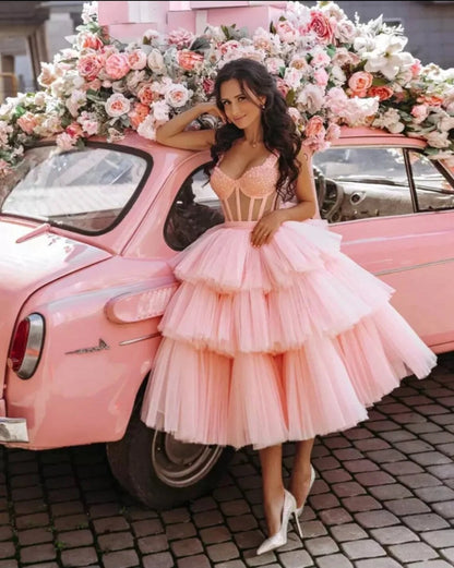 High Quality Tiered Midi Skirts Prom Gown Lush Short Evening Party Skirt Extra Ball Gown Elegant Pink Tulle Tutu Skirt for Women